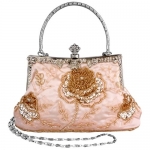 Champagne Exquisite Antique Seed Beaded Rose Evening Handbag, Clasp Purse Clutch w/Hidden Handle and Chain