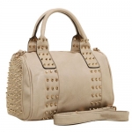 MG Collection CARA Beige Gothic Gold Studded Bowling Style Barrel Handbag