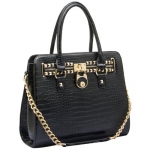 HALEY Black Crocodile Gold Studded Structured Satchel Purse Style Tote Handbag