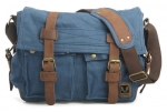 Men Casual Leather Canvas Shoulder Bookbag Hiking Satchel Messenger Handbag Bag (Large, Blue)