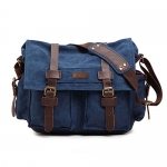 Kattee Military Canvas Shoulder Messenger Bag Leather Straps Fit 17 Laptop (Blue)