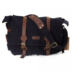 Kattee Military Canvas Shoulder Messenger Bag Leather Straps Fit 17 Laptop (Black)