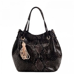 Aibag Women's Glossy Genuine Leather Snake Skin Style Bucket Shoulder Bag Large Drawstring Handbag