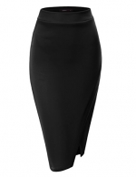 Doublju Women Stretchy Elastic Midi Length Fitted Skirt BLACK,XS