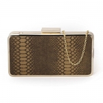 BMC Womens Sandy Brown Faux Snakeskin Textured PU Leather Gold Colored Alloy Metal Rim Hardcase Fashion Clutch Handbag