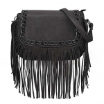 BMC Womens Slate Black Stylish Faux Leather Tassel Flap Shoulder Handbag Purse