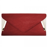 BMC Womens Firebrick Red PU Faux Leather Envelope Flap Alloy Metal Two Tone White Accented Fashion Clutch Handbag