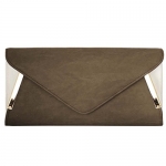 BMC Womens Coffee Brown PU Faux Leather Envelope Flap Alloy Metal Two Tone White Accented Fashion Clutch Handbag