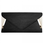 BMC Womens Midnight Black PU Faux Leather Envelope Flap Alloy Metal Two Tone White Accented Fashion Clutch Handbag