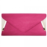 BMC Womens Fuchsia Pink PU Faux Leather Envelope Flap Alloy Metal Two Tone White Accented Fashion Clutch Handbag