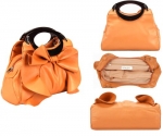Large Bowknot Ruffle Double Handle Leatherette Satchel Hobo Handbag w/Shoulder Strap - Beige