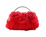 Womens Red Satin Blossom Rose Evening Wedding Clutch Handbag Frame Minaudiere Bag, Gift Idea