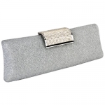 MG Collection Silver Rhinestone Clasp Hard Case Baguette Clutch Evening Bag