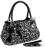 TWEED Black & White Floral w/Bow Satchel Bowler Hobo Handbag Purse Weave Double Handles