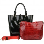 2 in 1 High Gloss Black Top Double Handle Bucket Office Tote Satchel Handbag Purse + Crocodile Print Cross Body Convertible Shoulder Bag