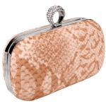 Champagne Faux Snake Print Textured Rhinestone Encrusted Ring Clasp Evening Rectangle Hard Case Baguette Evening Clutch Handbag Purse w/ Chain Strap