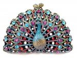 Peacock Multi Crystal Half Moon Hard Case Evening Clutch Handbag with Detachable Chain (Blue and Purple)