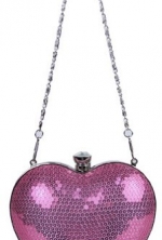 Candy Pink Shiny Sequin Heart Shaped Clutch Evening Bag Handbag w/Chain Strap