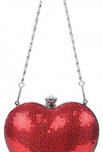 Spicy Red Shiny Sequin Heart Shaped Clutch Evening Bag Handbag w/Chain Strap