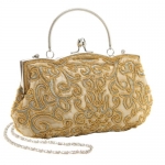 Classic Gold Baguette Style Embroidered Hand Seed Beaded Evening Clutch Purse Fashion Handbag w/ Detachable Chain
