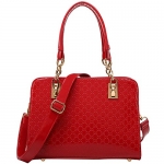 FASH Glossy Patterned Dual Chain and Leatherette Top handles Shoulder and Cross-Body Handbag,Red,One Size