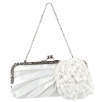White Blossom Flower Rhinestones Decor Kiss Clasp Closure Soft Mini Evening Bag Clutch Handbag Purse Baguette Shoulder Bag w/2 Chain Straps