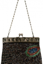 Black Antique Beaded Sequin Turquoise Sunburst Clutch Evening Handbag Purse w/ 2 Detachable Chains