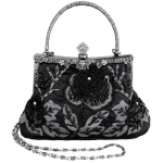 Black Exquisite Antique Seed Beaded Rose Evening Handbag, Clasp Purse Clutch w/Hidden Handle and Chain