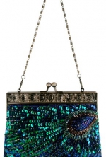 Blue Antique Beaded Sequin Turquoise Sunburst Clutch Evening Handbag Purse w/ 2 Detachable Chains