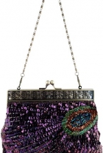 Purple Antique Beaded Sequin Turquoise Sunburst Clutch Evening Handbag Purse w/ 2 Detachable Chains