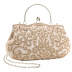 Classic Champagne Baguette Style Embroidered Hand Seed Beaded Evening Clutch Purse Fashion Handbag w/ Detachable Chain