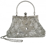 Exquisite Silver Seed Bead Sequins Clutch Purse Evening Handbag w/ Hidden Handle