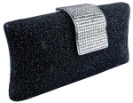 Glamorous Glitter Black Hard Case Evening Clutch Baguette Handbag Purse Rhinestone Closure w/Detachable Chain