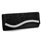 Floral Lace Stain Crystal Diamantes Evening Clutch Bag Wedding Purse Handbag (Black)