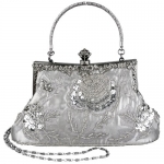 MG Collection Silver Exquisite Antique Seed Beaded Rose Evening Clutch Handbag